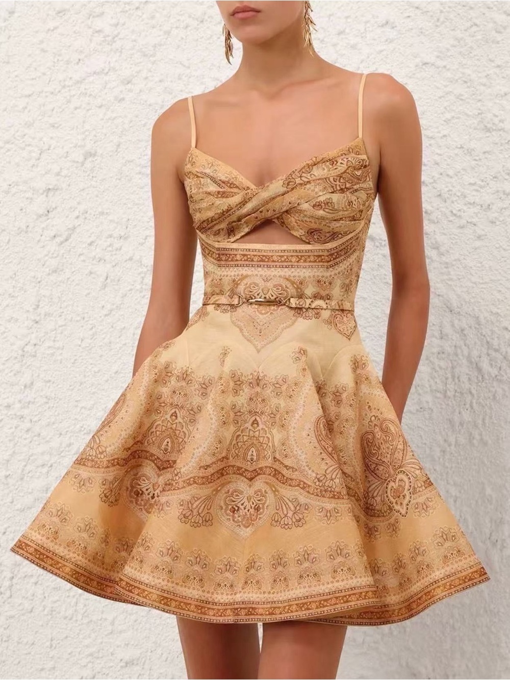 Zimmermann Gold Paisley Twist-Front Mini Dress